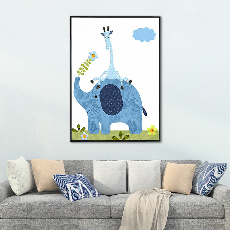 Elephant Canvas Wall Art Cartoon Cute Animal Pattern Wall Decor in Blue for Nursery Clearhalo 'Art Gallery' 'Canvas Art' 'Kids' Arts' 1933496
