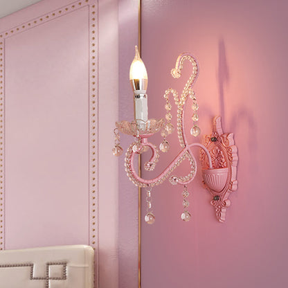 Metallic Scroll Arm Wall Lamp Modernist 1/2 Lights Wall Light with Crystal Orb Deco in Pink 1.0 Pink Clearhalo 'Modern wall lights' 'Modern' 'Wall Lamps & Sconces' 'Wall Lights' Lighting' 1933568