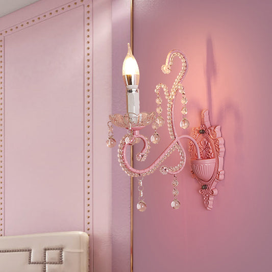 Metallic Scroll Arm Wall Lamp Modernist 1/2 Lights Wall Light with Crystal Orb Deco in Pink 1.0 Pink Clearhalo 'Modern wall lights' 'Modern' 'Wall Lamps & Sconces' 'Wall Lights' Lighting' 1933568