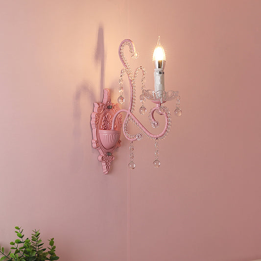 Metallic Scroll Arm Wall Lamp Modernist 1/2 Lights Wall Light with Crystal Orb Deco in Pink Clearhalo 'Modern wall lights' 'Modern' 'Wall Lamps & Sconces' 'Wall Lights' Lighting' 1933569