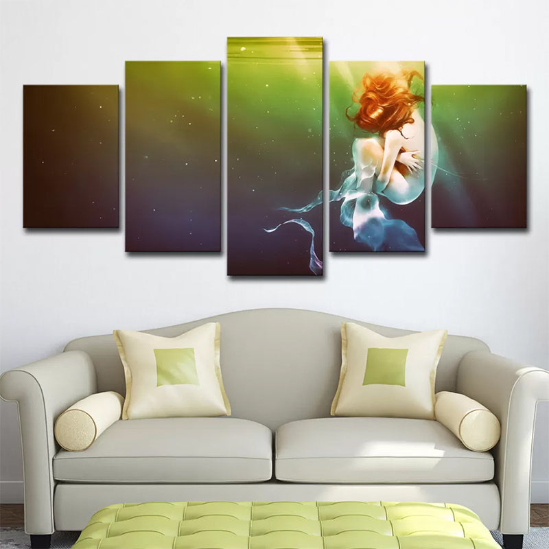 Fantasy Unconscious Mermaid Painting Green Multi-Piece Wall Art Print for Living Room Green Clearhalo 'Art Gallery' 'Canvas Art' 'Contemporary Art Gallery' 'Modern' Arts' 1933619
