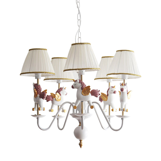 Kids White Pendant Light Unicorn 5 Bulbs Metal Chandelier with Fabric Shade for Girls Bedroom Clearhalo 'Ceiling Lights' 'Chandeliers' Lighting' options 193371
