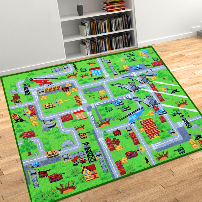 Stylish Road Pattern Rug with Weapon Green Kids Rug Polyester Pet Friendly Washable Non-Slip Area Rug for Decoration Green 4'3" x 6'3" Clearhalo 'Area Rug' 'Rug' 1933741