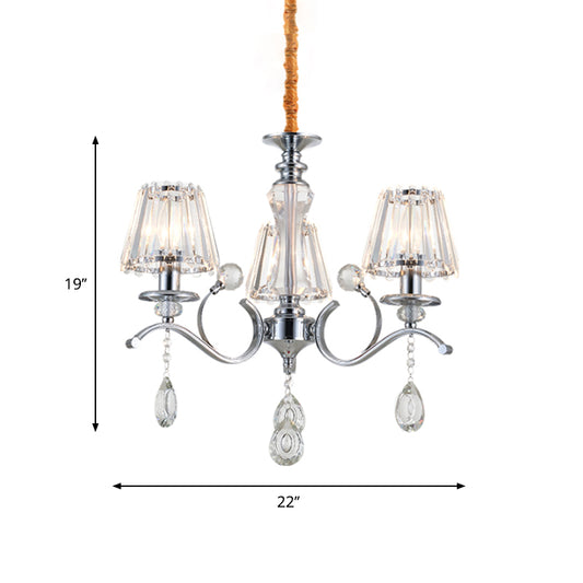 Chrome Conic Chandelier Simple 3 Bulbs Clear Crystal Suspension Lighting with Droplet Clearhalo 'Ceiling Lights' 'Chandeliers' 'Modern Chandeliers' 'Modern' Lighting' 1933856