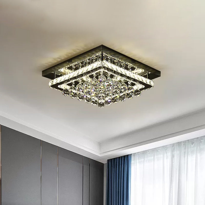 Square Close to Ceiling Lamp Simplicity Crystal Block and Orbs Sleeping Room LED Semi Flush in Chrome Chrome Clearhalo 'Ceiling Lights' 'Close To Ceiling Lights' 'Close to ceiling' 'Semi-flushmount' Lighting' 1933857