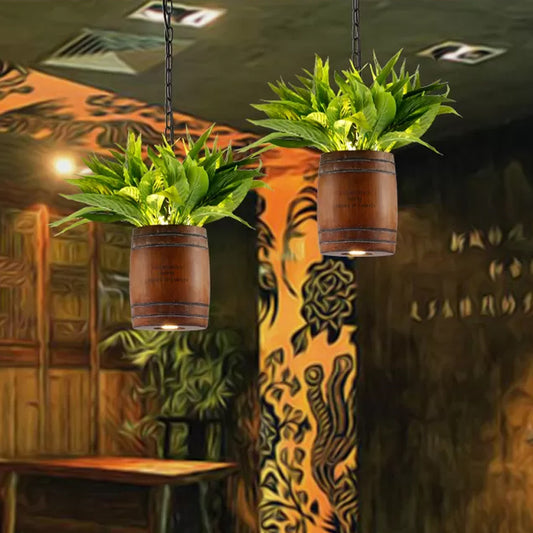 Bucket Wood Pendant Light Fixture Industrial 1 Head Dining Room Ceiling Lamp in Coffee with Plant Deco Clearhalo 'Ceiling Lights' 'Pendant Lights' 'Pendants' Lighting' 1933880
