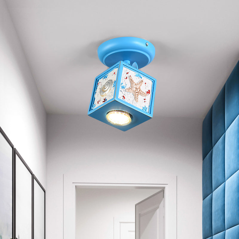 Cube Semi Mount Lighting Cartoon Resin 1/2-Head Light/Sky Blue Close to Ceiling Lamp with Conch Deco 1 Sky Blue Clearhalo 'Ceiling Lights' 'Close To Ceiling Lights' 'Close to ceiling' 'Semi-flushmount' Lighting' 1933893