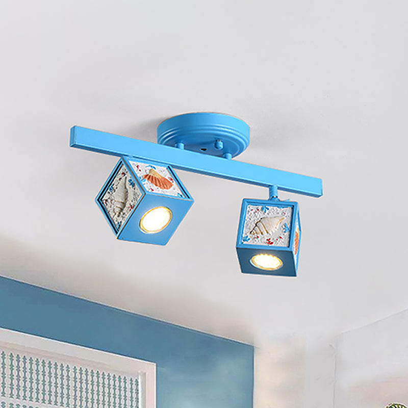 Cube Semi Mount Lighting Cartoon Resin 1/2-Head Light/Sky Blue Close to Ceiling Lamp with Conch Deco 2 Sky Blue Clearhalo 'Ceiling Lights' 'Close To Ceiling Lights' 'Close to ceiling' 'Semi-flushmount' Lighting' 1933896