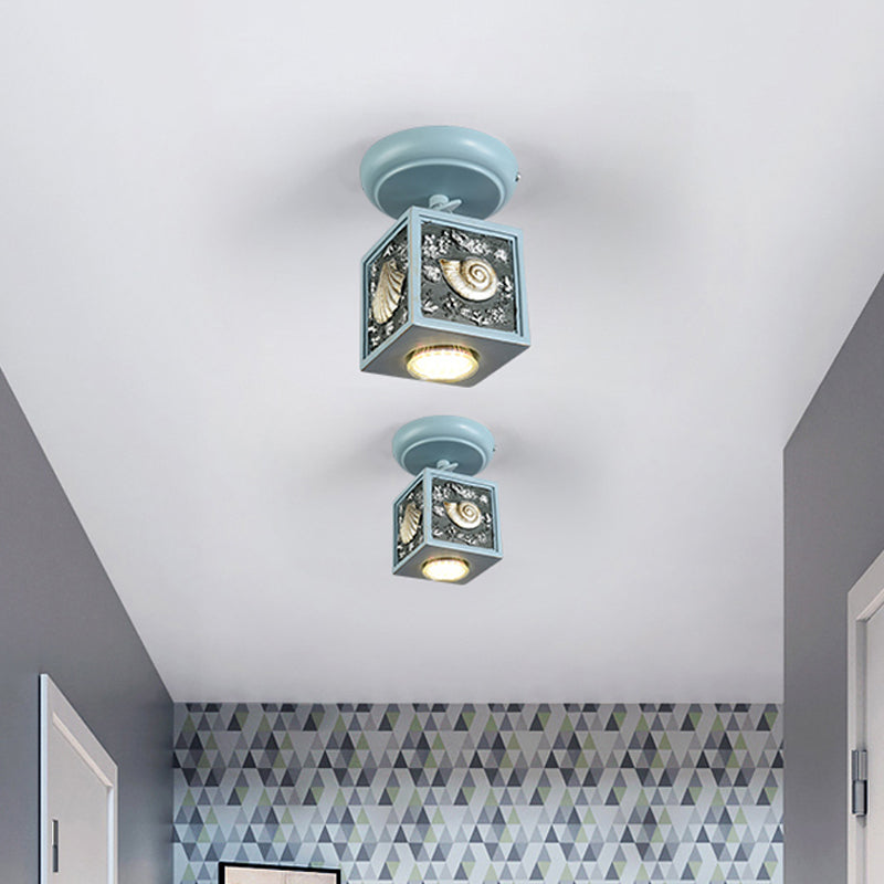 Cube Semi Mount Lighting Cartoon Resin 1/2-Head Light/Sky Blue Close to Ceiling Lamp with Conch Deco 1 Light Blue Clearhalo 'Ceiling Lights' 'Close To Ceiling Lights' 'Close to ceiling' 'Semi-flushmount' Lighting' 1933899