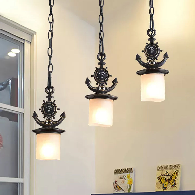 Black Cylinder Suspension Lamp Creative 3 Lights Opaque Glass Multi Pendant with Anchor Chain, Linear/Round Canopy Clearhalo 'Ceiling Lights' 'Glass shade' 'Glass' 'Pendant Lights' 'Pendants' Lighting' 1933904