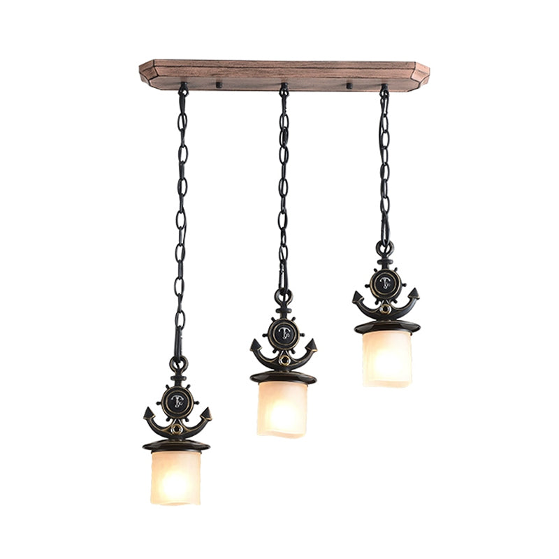 Black Cylinder Suspension Lamp Creative 3 Lights Opaque Glass Multi Pendant with Anchor Chain, Linear/Round Canopy Clearhalo 'Ceiling Lights' 'Glass shade' 'Glass' 'Pendant Lights' 'Pendants' Lighting' 1933906