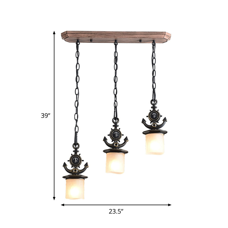 Black Cylinder Suspension Lamp Creative 3 Lights Opaque Glass Multi Pendant with Anchor Chain, Linear/Round Canopy Clearhalo 'Ceiling Lights' 'Glass shade' 'Glass' 'Pendant Lights' 'Pendants' Lighting' 1933907