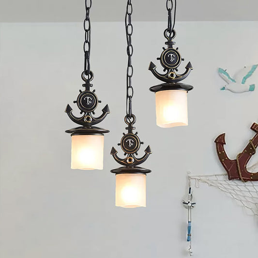 Black Cylinder Suspension Lamp Creative 3 Lights Opaque Glass Multi Pendant with Anchor Chain, Linear/Round Canopy Black Round Clearhalo 'Ceiling Lights' 'Glass shade' 'Glass' 'Pendant Lights' 'Pendants' Lighting' 1933908