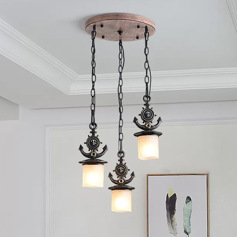 Black Cylinder Suspension Lamp Creative 3 Lights Opaque Glass Multi Pendant with Anchor Chain, Linear/Round Canopy Clearhalo 'Ceiling Lights' 'Glass shade' 'Glass' 'Pendant Lights' 'Pendants' Lighting' 1933909