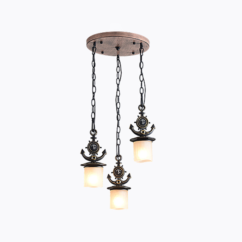 Black Cylinder Suspension Lamp Creative 3 Lights Opaque Glass Multi Pendant with Anchor Chain, Linear/Round Canopy Clearhalo 'Ceiling Lights' 'Glass shade' 'Glass' 'Pendant Lights' 'Pendants' Lighting' 1933911