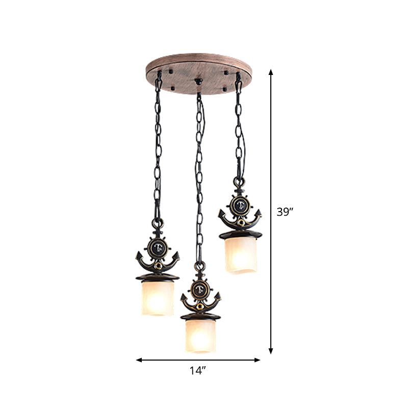 Black Cylinder Suspension Lamp Creative 3 Lights Opaque Glass Multi Pendant with Anchor Chain, Linear/Round Canopy Clearhalo 'Ceiling Lights' 'Glass shade' 'Glass' 'Pendant Lights' 'Pendants' Lighting' 1933912