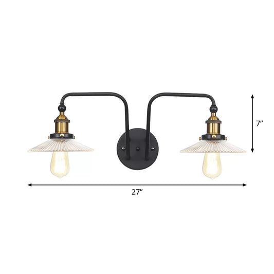 Industrial Conic/Wavy/Flare Sconce Light Glass and Metal Black 2 Bulb Wall Mount Lamp for Indoor Clearhalo 'Cast Iron' 'Glass' 'Industrial wall lights' 'Industrial' 'Middle century wall lights' 'Modern' 'Tiffany' 'Traditional wall lights' 'Wall Lamps & Sconces' 'Wall Lights' Lighting' 1933958