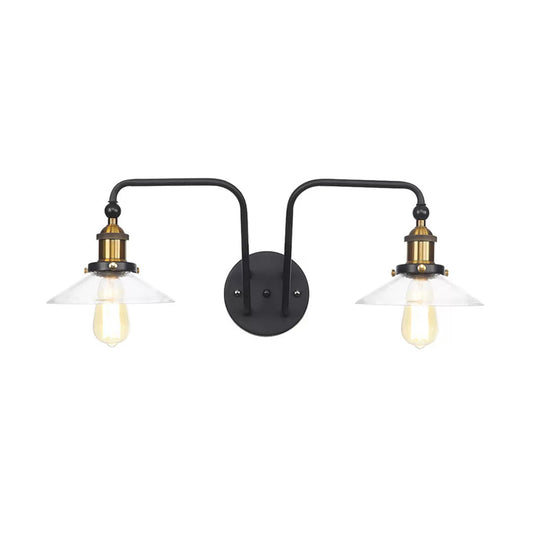 Industrial Conic/Wavy/Flare Sconce Light Glass and Metal Black 2 Bulb Wall Mount Lamp for Indoor Black Cone Clearhalo 'Cast Iron' 'Glass' 'Industrial wall lights' 'Industrial' 'Middle century wall lights' 'Modern' 'Tiffany' 'Traditional wall lights' 'Wall Lamps & Sconces' 'Wall Lights' Lighting' 1933959