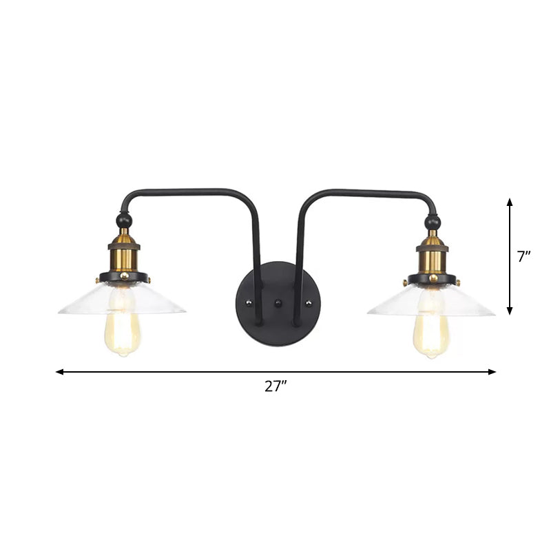 Industrial Conic/Wavy/Flare Sconce Light Glass and Metal Black 2 Bulb Wall Mount Lamp for Indoor Clearhalo 'Cast Iron' 'Glass' 'Industrial wall lights' 'Industrial' 'Middle century wall lights' 'Modern' 'Tiffany' 'Traditional wall lights' 'Wall Lamps & Sconces' 'Wall Lights' Lighting' 1933960