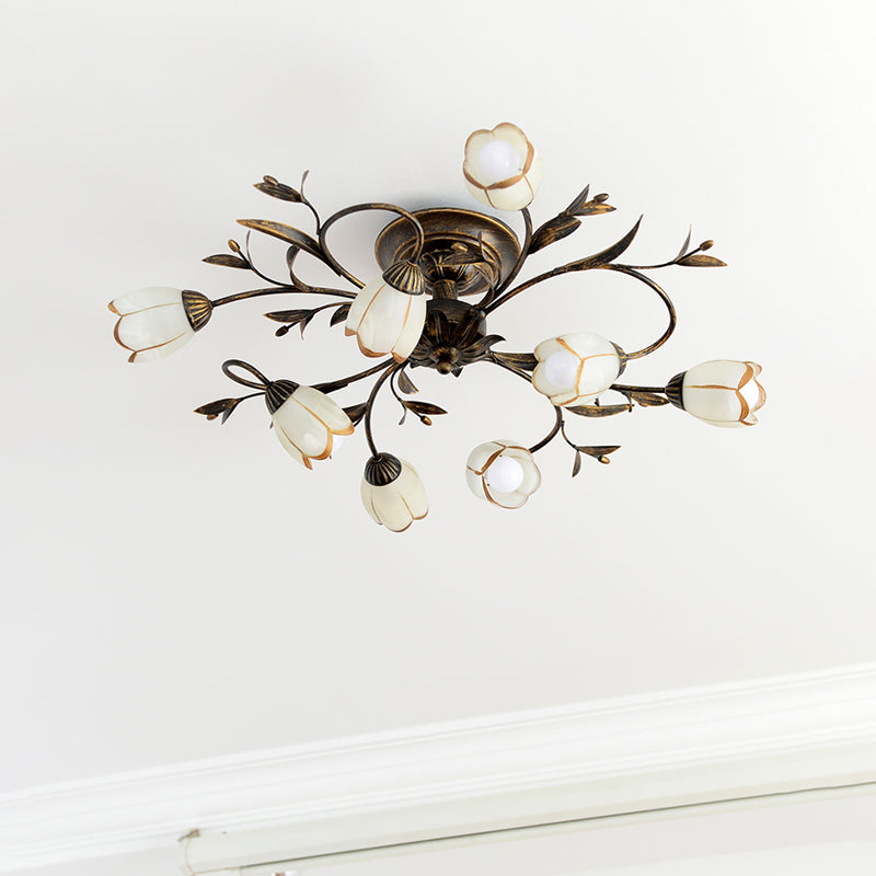Flower Vine Bedroom Semi Flush Mount Rural Cream Glass 4/8/12-Light Antique Brass Ceiling Mounted Chandelier Clearhalo 'Ceiling Lights' 'Close To Ceiling Lights' 'Close to ceiling' 'Semi-flushmount' Lighting' 1933963