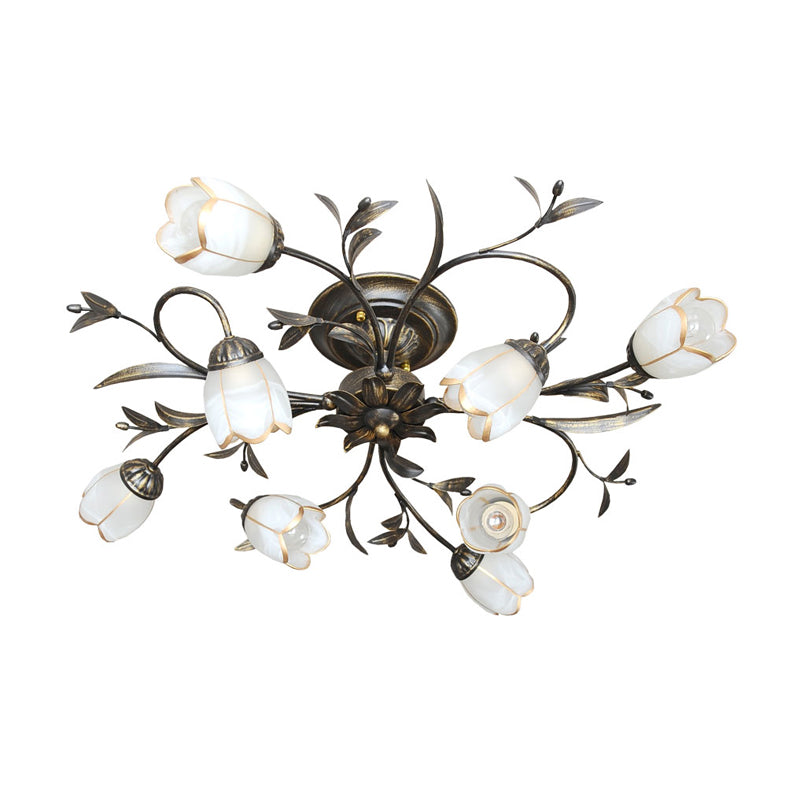 Flower Vine Bedroom Semi Flush Mount Rural Cream Glass 4/8/12-Light Antique Brass Ceiling Mounted Chandelier Clearhalo 'Ceiling Lights' 'Close To Ceiling Lights' 'Close to ceiling' 'Semi-flushmount' Lighting' 1933965