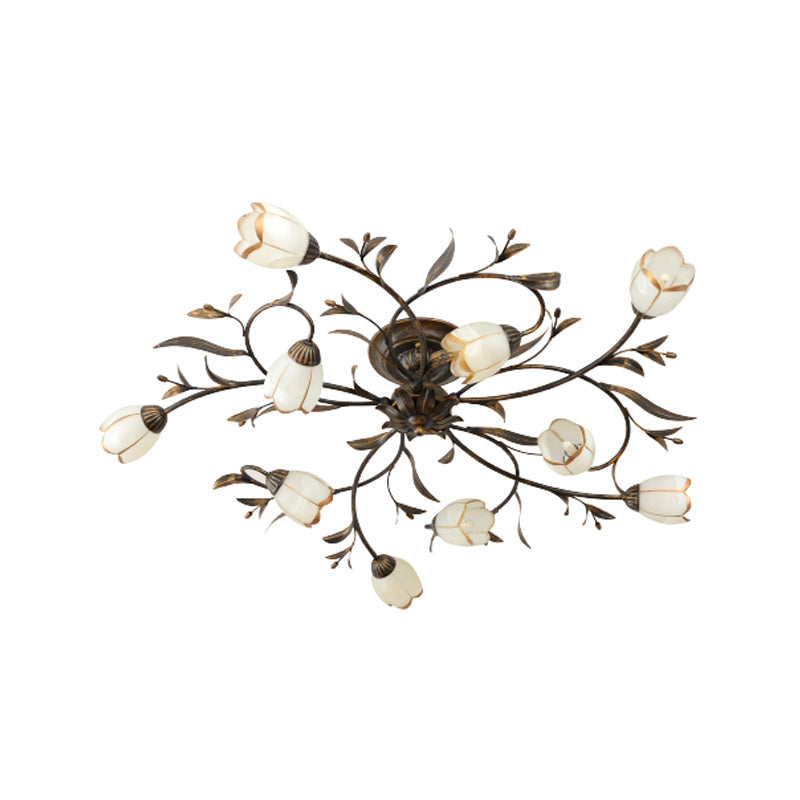 Flower Vine Bedroom Semi Flush Mount Rural Cream Glass 4/8/12-Light Antique Brass Ceiling Mounted Chandelier Clearhalo 'Ceiling Lights' 'Close To Ceiling Lights' 'Close to ceiling' 'Semi-flushmount' Lighting' 1933970