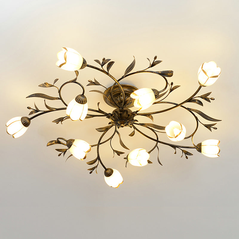 Flower Vine Bedroom Semi Flush Mount Rural Cream Glass 4/8/12-Light Antique Brass Ceiling Mounted Chandelier Clearhalo 'Ceiling Lights' 'Close To Ceiling Lights' 'Close to ceiling' 'Semi-flushmount' Lighting' 1933971