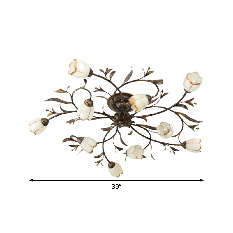 Flower Vine Bedroom Semi Flush Mount Rural Cream Glass 4/8/12-Light Antique Brass Ceiling Mounted Chandelier Clearhalo 'Ceiling Lights' 'Close To Ceiling Lights' 'Close to ceiling' 'Semi-flushmount' Lighting' 1933972