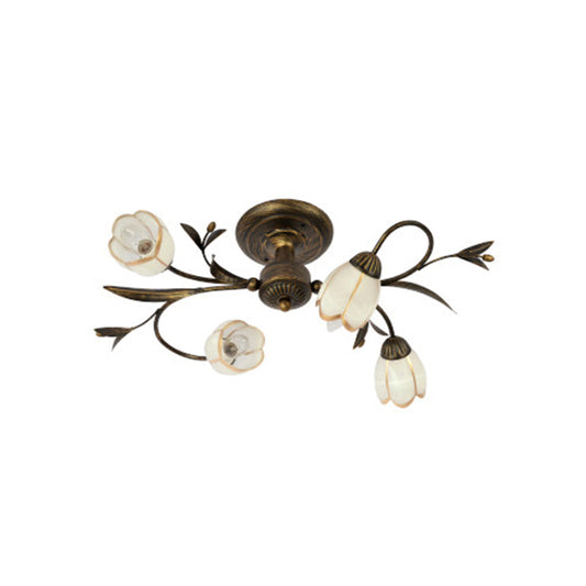Flower Vine Bedroom Semi Flush Mount Rural Cream Glass 4/8/12-Light Antique Brass Ceiling Mounted Chandelier 4 Antique Brass