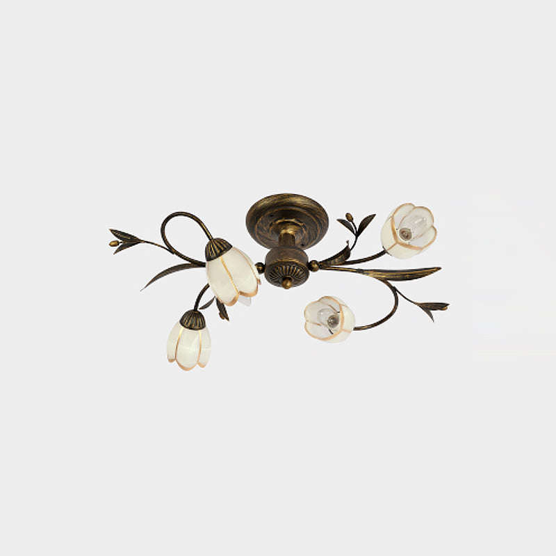 Flower Vine Bedroom Semi Flush Mount Rural Cream Glass 4/8/12-Light Antique Brass Ceiling Mounted Chandelier Clearhalo 'Ceiling Lights' 'Close To Ceiling Lights' 'Close to ceiling' 'Semi-flushmount' Lighting' 1933974
