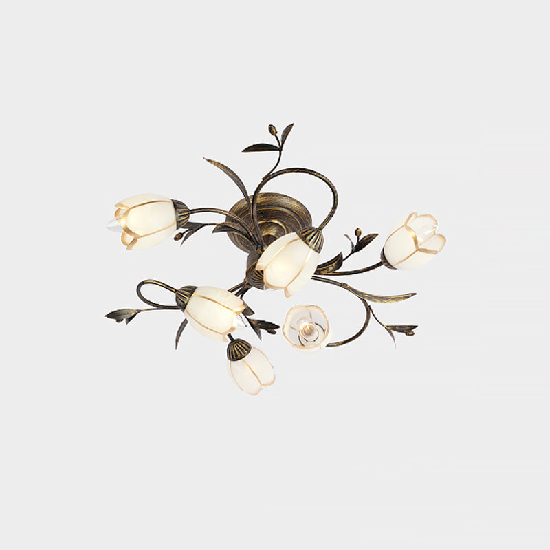 Flower Vine Bedroom Semi Flush Mount Rural Cream Glass 4/8/12-Light Antique Brass Ceiling Mounted Chandelier Clearhalo 'Ceiling Lights' 'Close To Ceiling Lights' 'Close to ceiling' 'Semi-flushmount' Lighting' 1933977