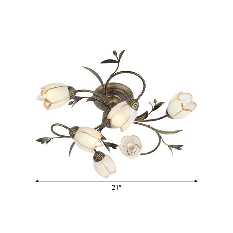 Flower Vine Bedroom Semi Flush Mount Rural Cream Glass 4/8/12-Light Antique Brass Ceiling Mounted Chandelier Clearhalo 'Ceiling Lights' 'Close To Ceiling Lights' 'Close to ceiling' 'Semi-flushmount' Lighting' 1933978