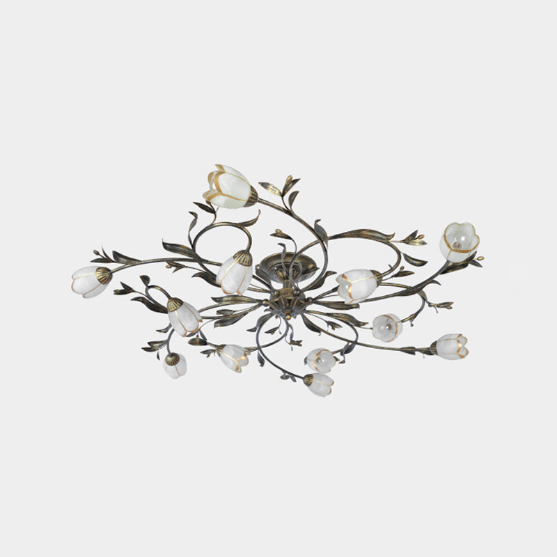 Flower Vine Bedroom Semi Flush Mount Rural Cream Glass 4/8/12-Light Antique Brass Ceiling Mounted Chandelier Clearhalo 'Ceiling Lights' 'Close To Ceiling Lights' 'Close to ceiling' 'Semi-flushmount' Lighting' 1933980