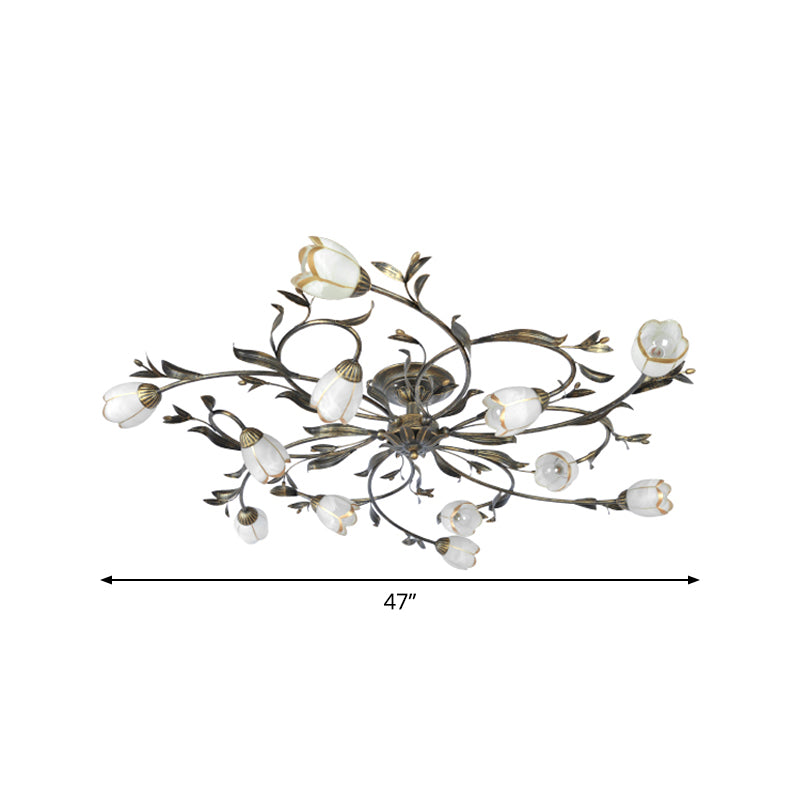 Flower Vine Bedroom Semi Flush Mount Rural Cream Glass 4/8/12-Light Antique Brass Ceiling Mounted Chandelier Clearhalo 'Ceiling Lights' 'Close To Ceiling Lights' 'Close to ceiling' 'Semi-flushmount' Lighting' 1933981