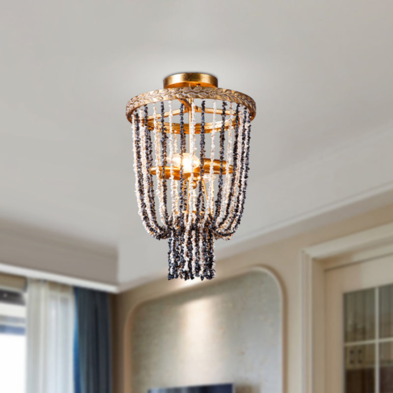 Basket Dining Room Flush Lighting Antiqued Metal 2 Lights Brass Flushmount with Stone Chain Clearhalo 'Ceiling Lights' 'Close To Ceiling Lights' 'Close to ceiling' 'Flush mount' Lighting' 1933982