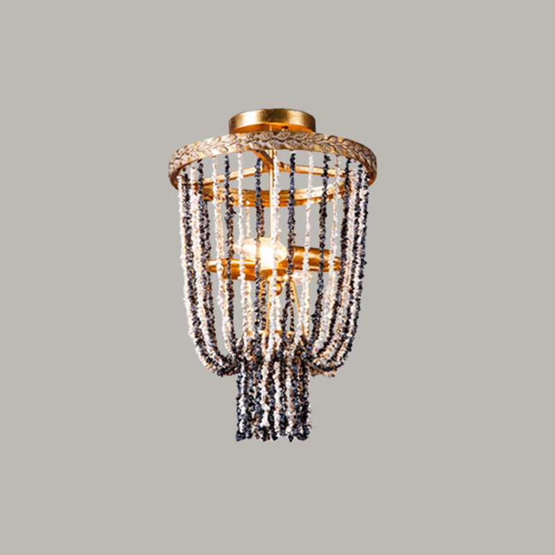 Basket Dining Room Flush Lighting Antiqued Metal 2 Lights Brass Flushmount with Stone Chain Clearhalo 'Ceiling Lights' 'Close To Ceiling Lights' 'Close to ceiling' 'Flush mount' Lighting' 1933985