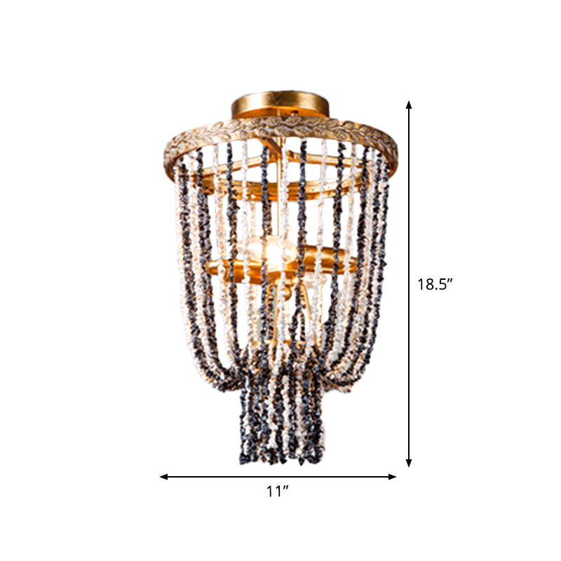 Basket Dining Room Flush Lighting Antiqued Metal 2 Lights Brass Flushmount with Stone Chain Clearhalo 'Ceiling Lights' 'Close To Ceiling Lights' 'Close to ceiling' 'Flush mount' Lighting' 1933986