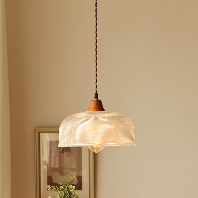 Countryside Bowled Suspension Pendant 5.5"/10.5" Wide 1 Bulb Clear Grid Glass Ceiling Light Fixture in White Clearhalo 'Ceiling Lights' 'Glass shade' 'Glass' 'Pendant Lights' 'Pendants' Lighting' 1934003