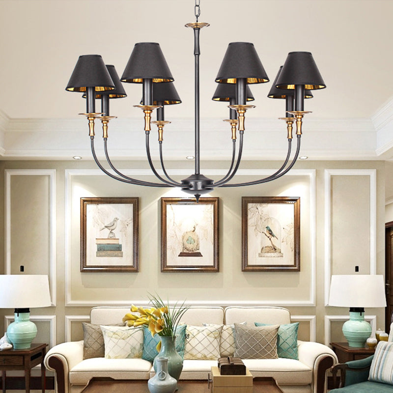 Traditional Cone Shape Chandelier 3/4/6-Head Fabric Hanging Pendant in Black/Chrome with Swooping Arm Clearhalo 'Ceiling Lights' 'Chandeliers' Lighting' options 1934120
