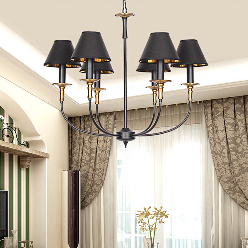 Traditional Cone Shape Chandelier 3/4/6-Head Fabric Hanging Pendant in Black/Chrome with Swooping Arm Clearhalo 'Ceiling Lights' 'Chandeliers' Lighting' options 1934124