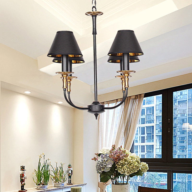 Traditional Cone Shape Chandelier 3/4/6-Head Fabric Hanging Pendant in Black/Chrome with Swooping Arm Clearhalo 'Ceiling Lights' 'Chandeliers' Lighting' options 1934127