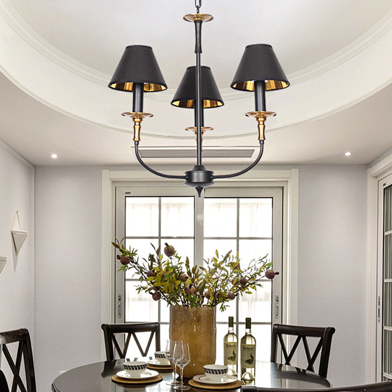 Traditional Cone Shape Chandelier 3/4/6-Head Fabric Hanging Pendant in Black/Chrome with Swooping Arm Clearhalo 'Ceiling Lights' 'Chandeliers' Lighting' options 1934130