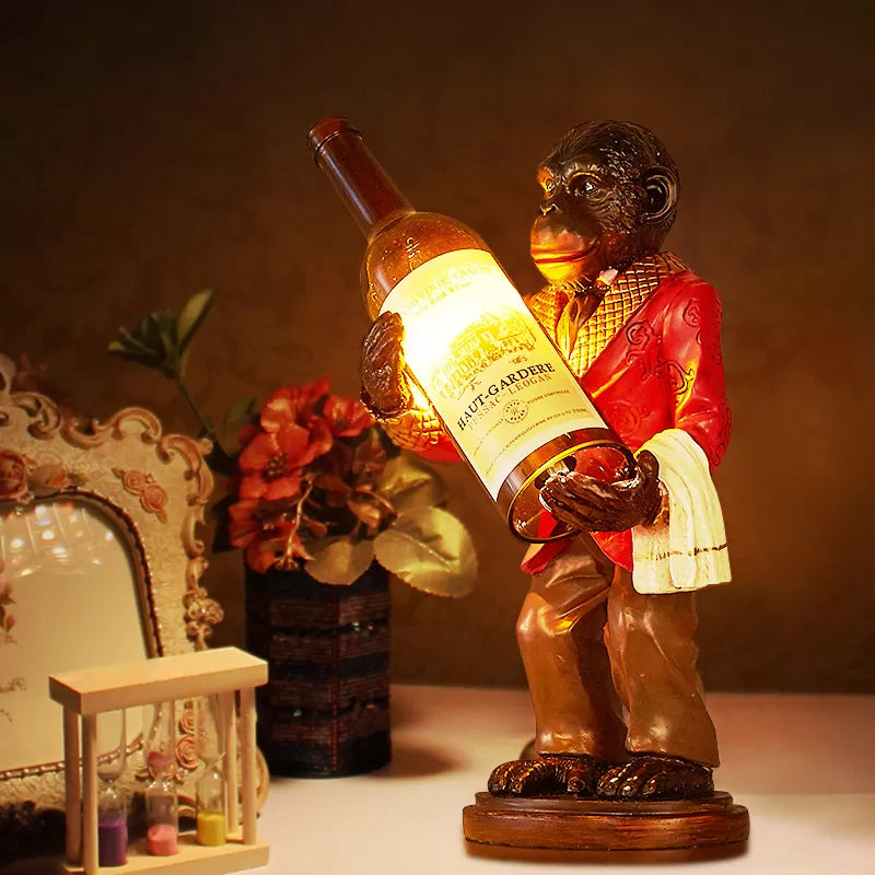 1-Light Desk Lamp Retro Gorilla Holding Wine Amber Glass Night Table Lighting in Red/Gold Red Clearhalo 'Lamps' 'Table Lamps' Lighting' 1934202