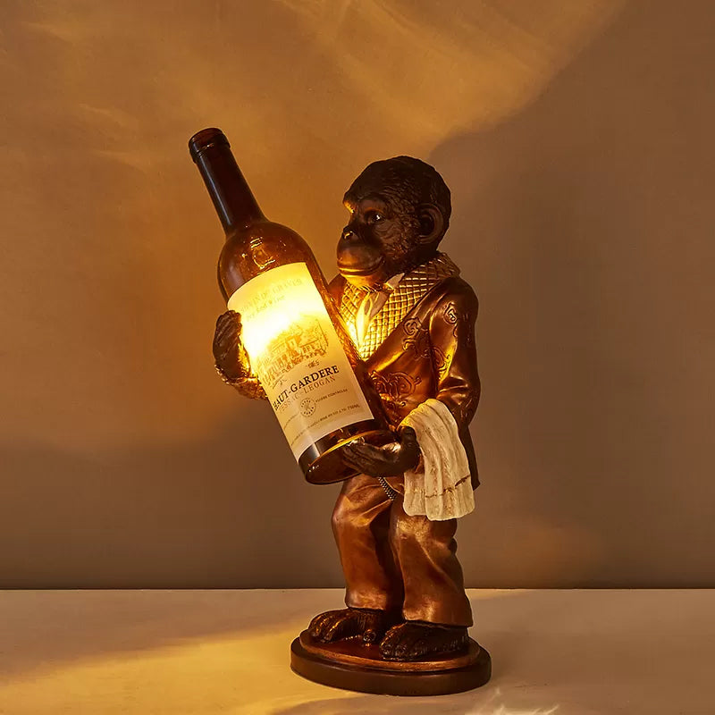 1-Light Desk Lamp Retro Gorilla Holding Wine Amber Glass Night Table Lighting in Red/Gold Clearhalo 'Lamps' 'Table Lamps' Lighting' 1934209