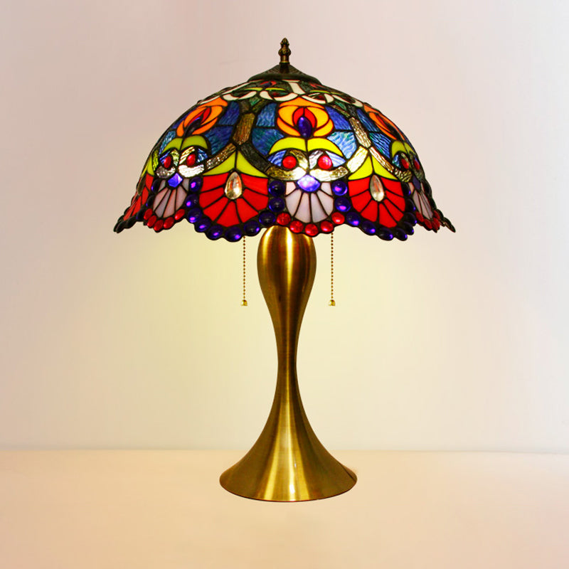 Victorian Dome Night Light 1 Bulb Stained Glass Desk Lighting with Beaded Deco in Brass, Pull Chain Clearhalo 'Lamps' 'Table Lamps' Lighting' 1934218