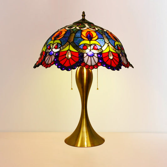 Victorian Dome Night Light 1 Bulb Stained Glass Desk Lighting with Beaded Deco in Brass, Pull Chain Clearhalo 'Lamps' 'Table Lamps' Lighting' 1934218