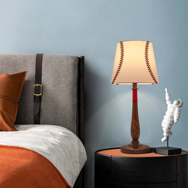 Conical Fabric Table Light Modernism 1-Light Brown/Wood Nightstand Lamp with Baseball Design Brown Clearhalo 'Lamps' 'Table Lamps' Lighting' 1934231