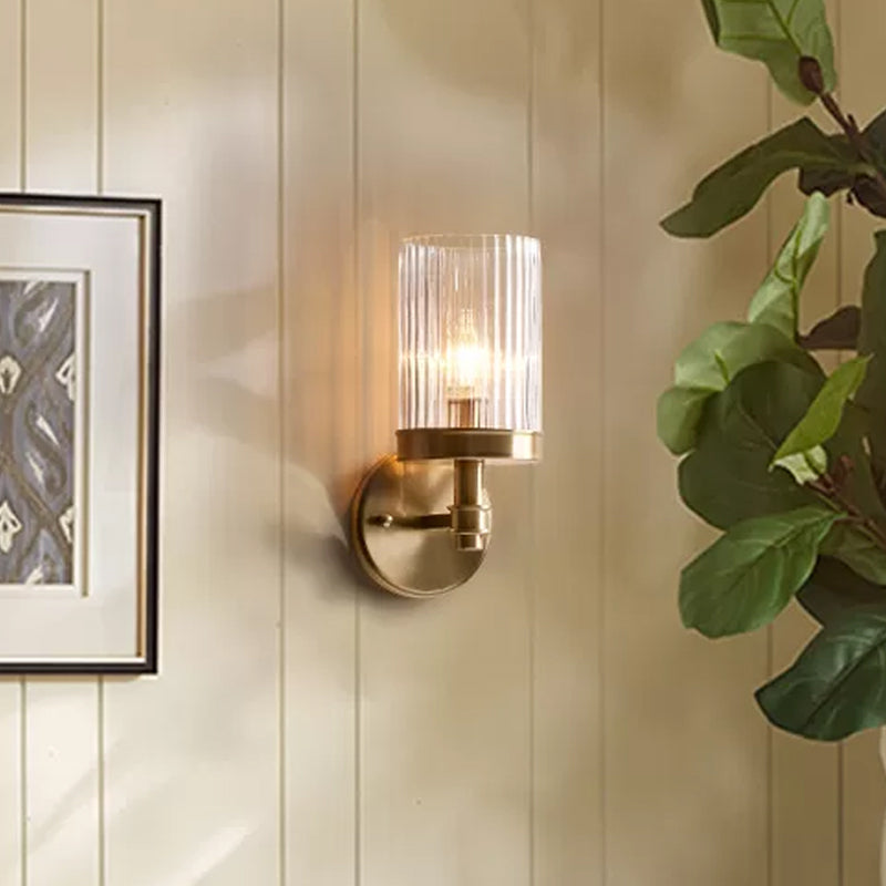 1-Light Wall Mounted Lamp Traditional Cylinder Transparent Glass Sconce Light in Brown/Gold over Bed Clearhalo 'Wall Lamps & Sconces' 'Wall Lights' Lighting' 1934286
