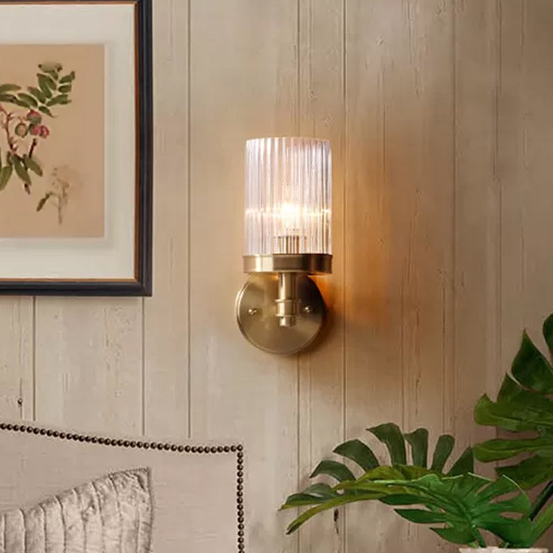 1-Light Wall Mounted Lamp Traditional Cylinder Transparent Glass Sconce Light in Brown/Gold over Bed Gold Clearhalo 'Wall Lamps & Sconces' 'Wall Lights' Lighting' 1934287