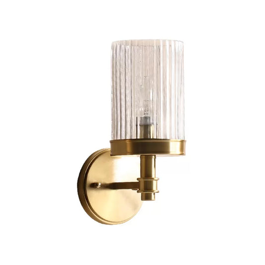 1-Light Wall Mounted Lamp Traditional Cylinder Transparent Glass Sconce Light in Brown/Gold over Bed Clearhalo 'Wall Lamps & Sconces' 'Wall Lights' Lighting' 1934288